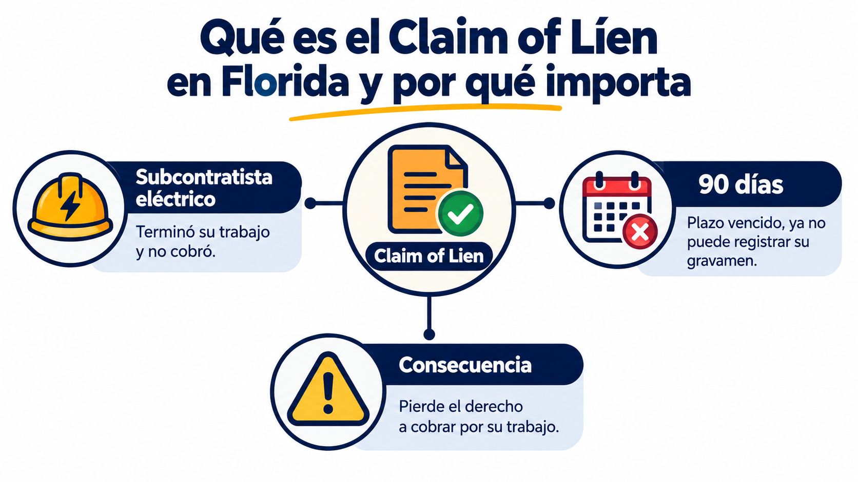 Infografía explicando el proceso y plazos legales de un Claim of Lien en Florida para subcontratistas.