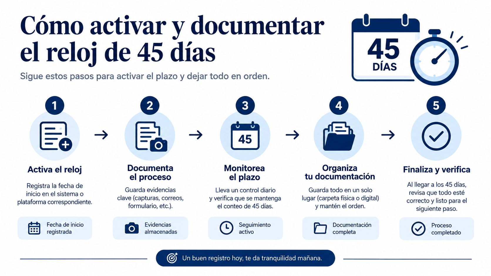 Infografía con cinco pasos sencillos para activar y documentar correctamente un plazo de cuarenta y cinco días.