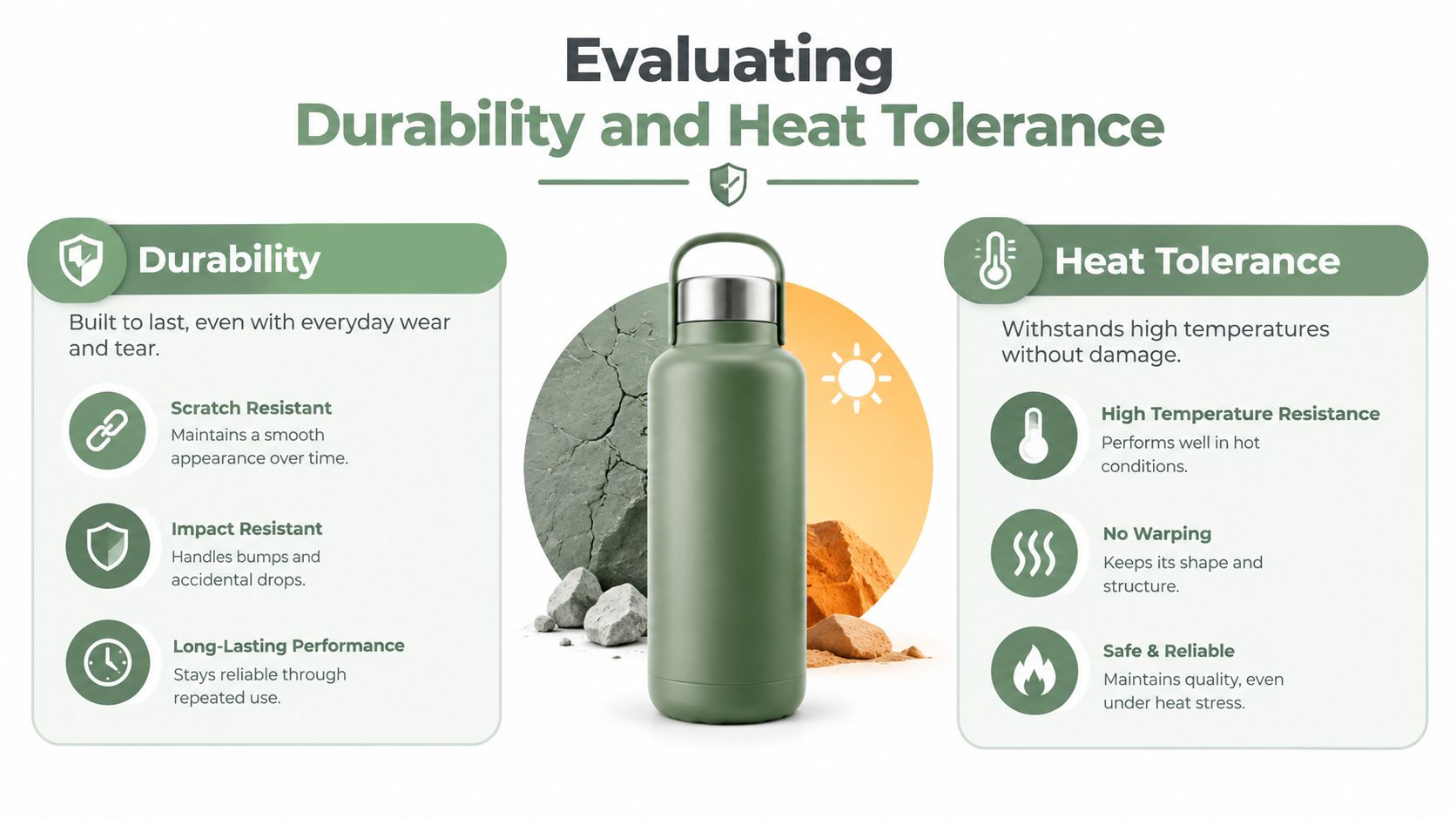 An infographic showing the durability and heat tolerance features of a green stainless steel water bottle.