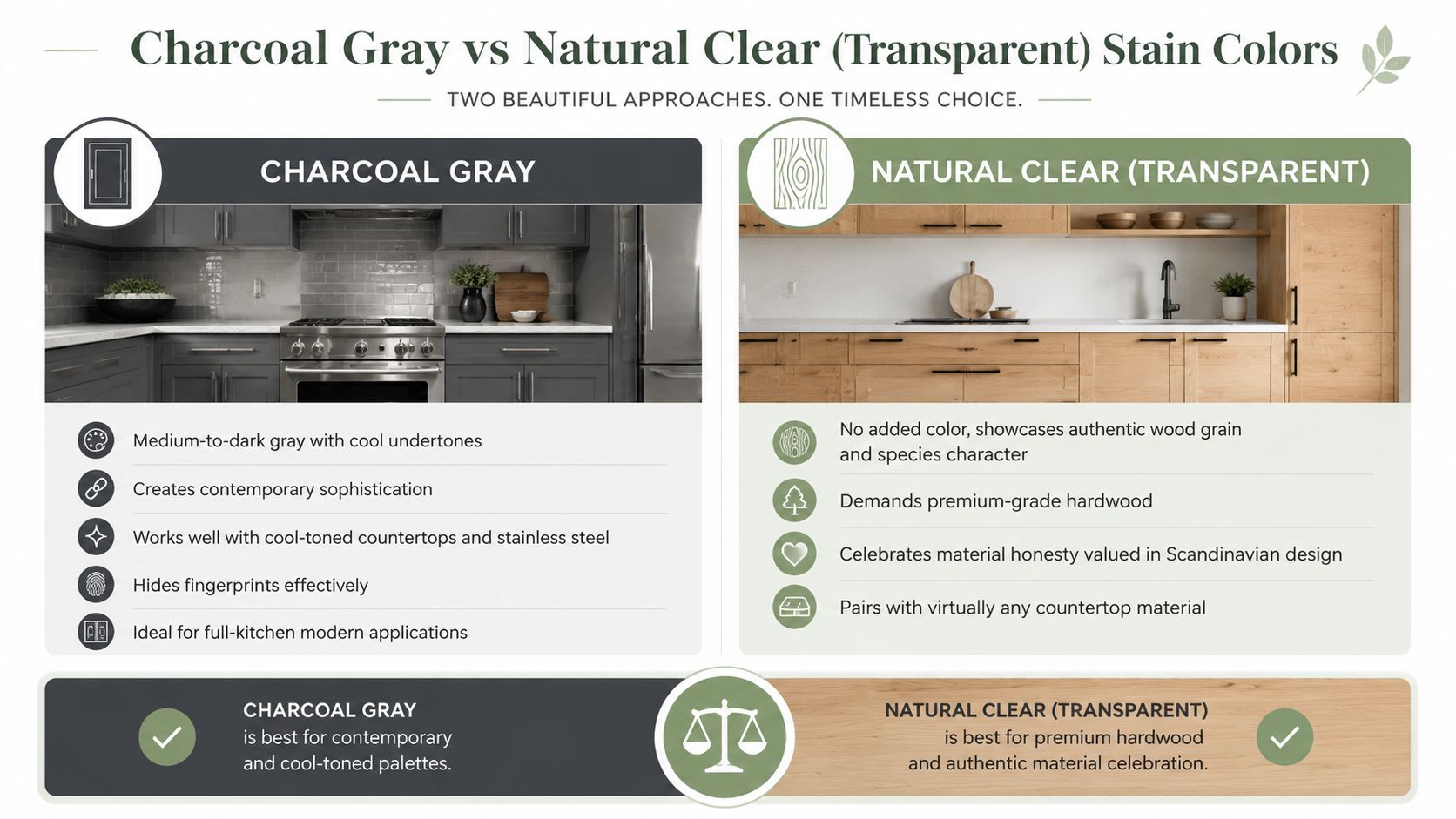 A comparison chart showing the differences between charcoal gray and natural clear kitchen cabinet stain colors.