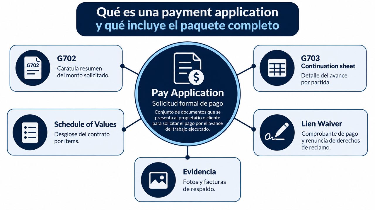 Diagrama explicativo sobre los componentes necesarios para presentar una solicitud de pago formal en proyectos de construcción.