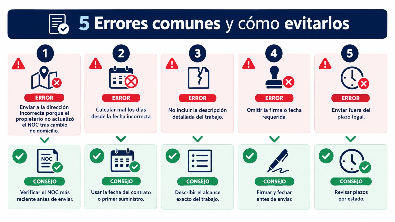 Una infografía informativa que detalla cinco errores comunes y cómo evitarlos al gestionar documentos oficiales y notificaciones.
