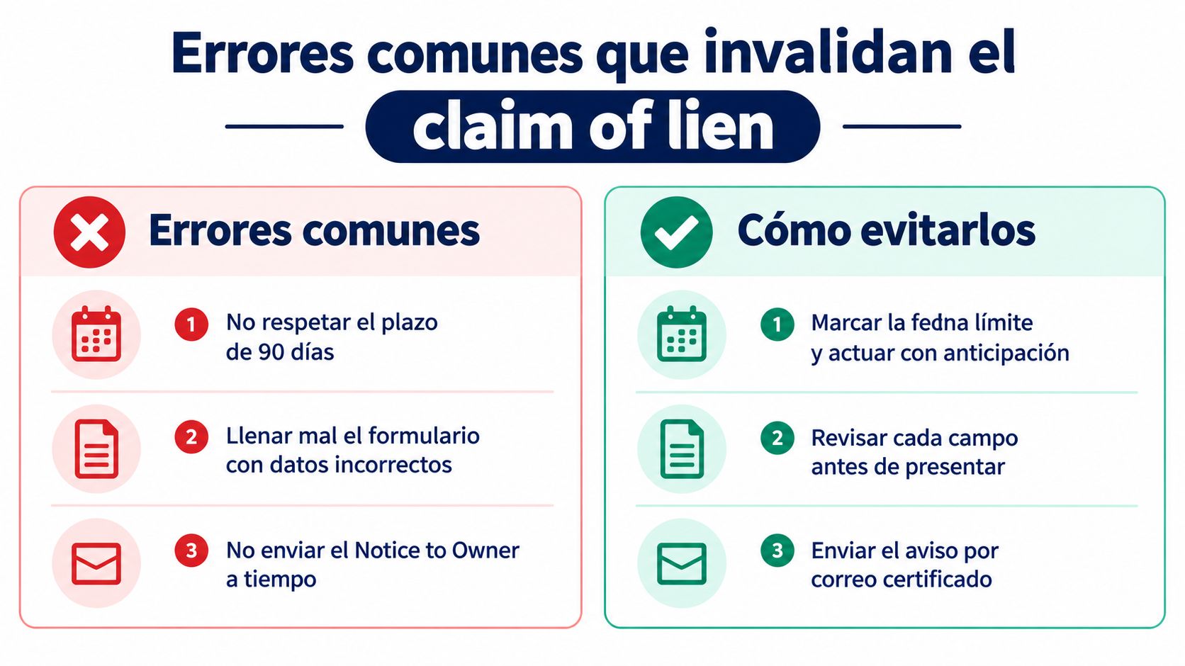 Gráfico comparativo que muestra errores comunes al presentar un claim of lien y cómo prevenirlos efectivamente.