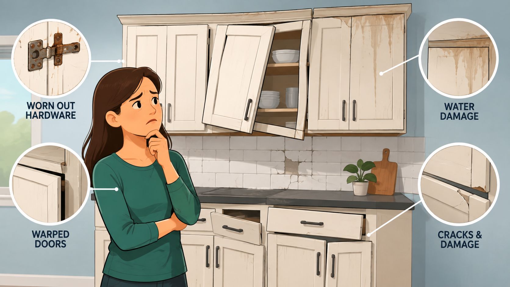 A concerned woman standing in a kitchen with damaged, worn-out cabinets showing signs of age and wear.