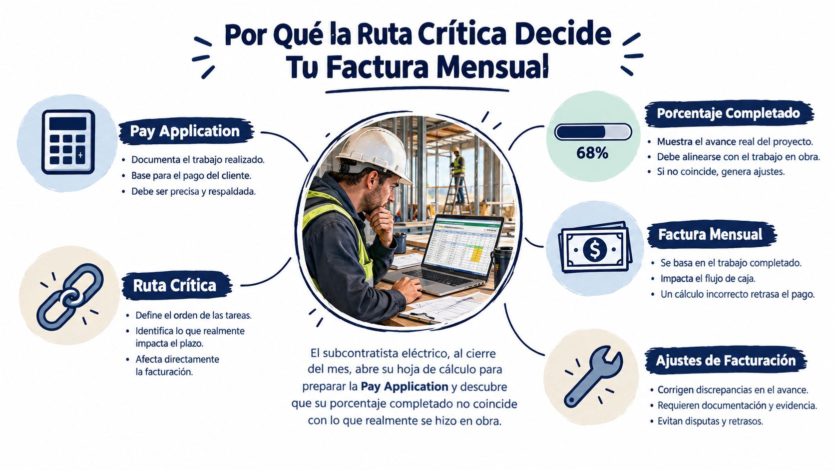 Infografía sobre cómo la ruta crítica influye en la facturación mensual y gestión de proyectos de construcción.
