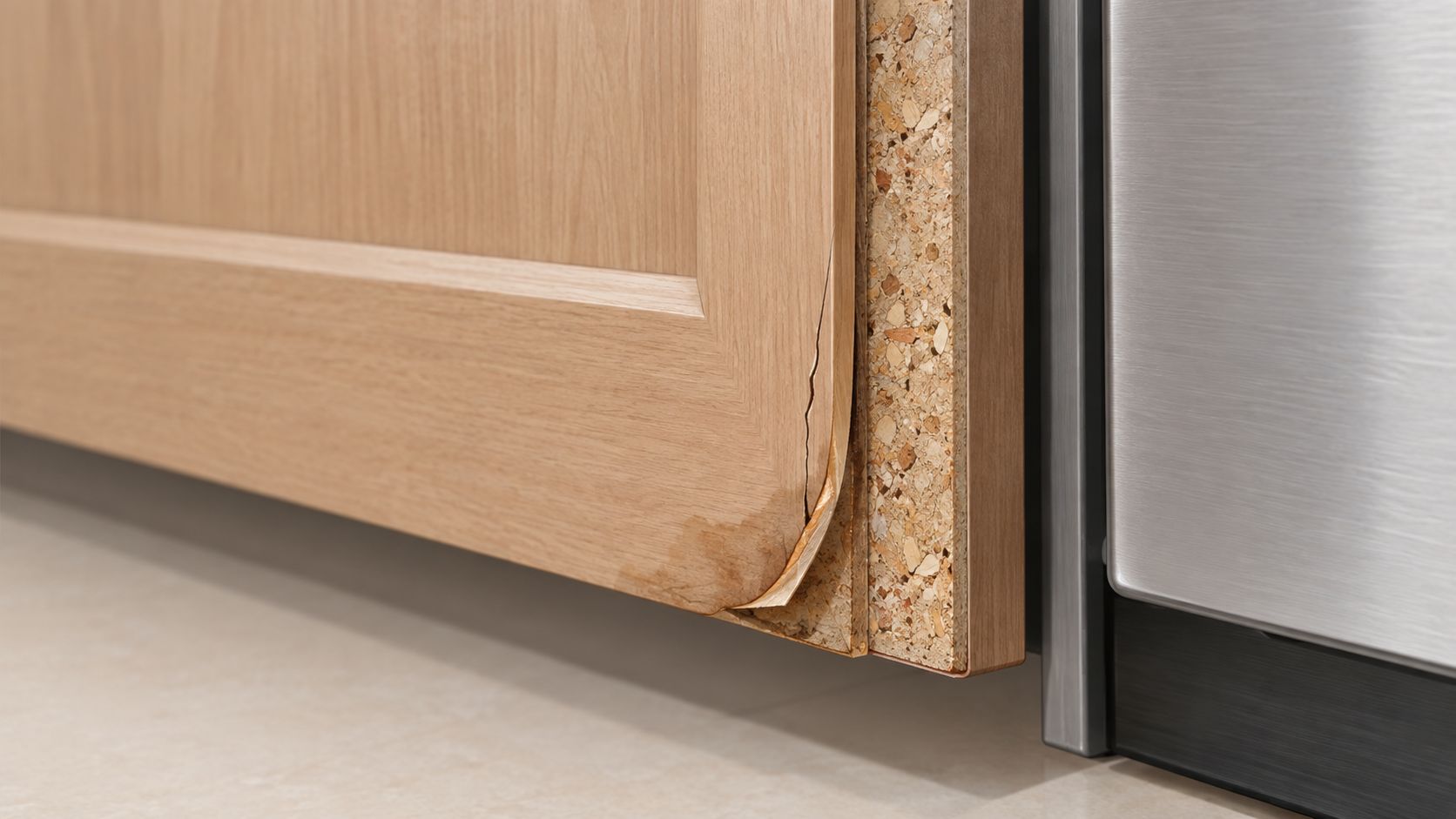 A close-up view of a damaged kitchen cabinet door with peeling wood veneer and moisture damage.
