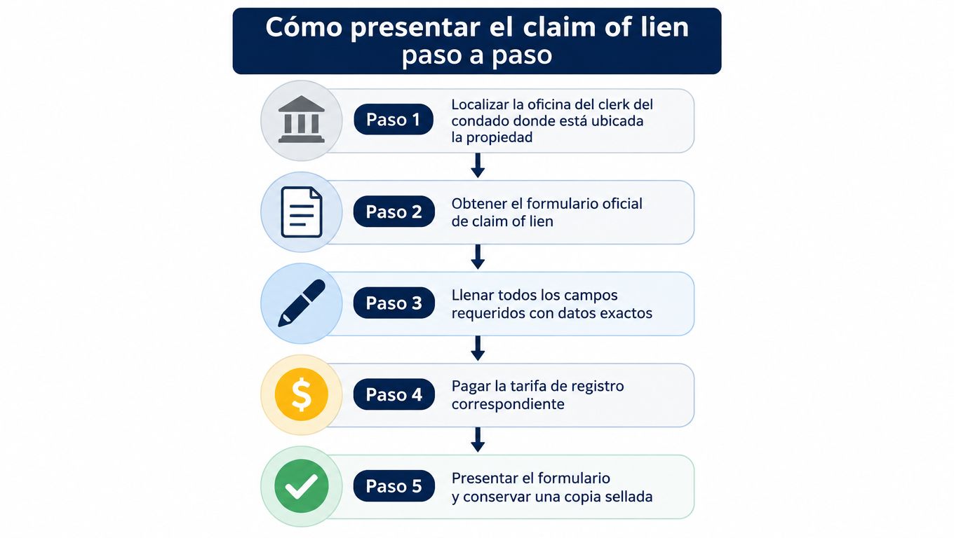 Diagrama paso a paso que explica cómo presentar un formulario de gravamen sobre una propiedad inmobiliaria.