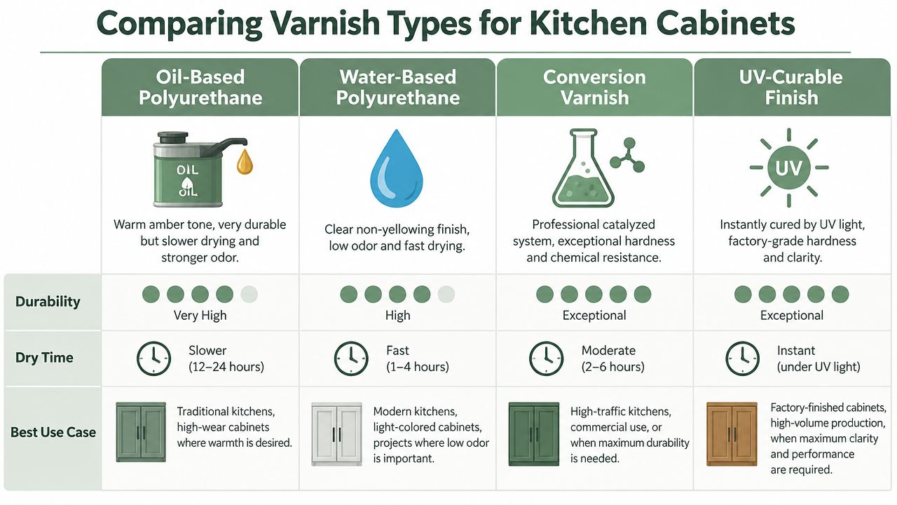 A comparison chart outlining the characteristics, durability, dry times, and best uses for different kitchen cabinet varnish types.