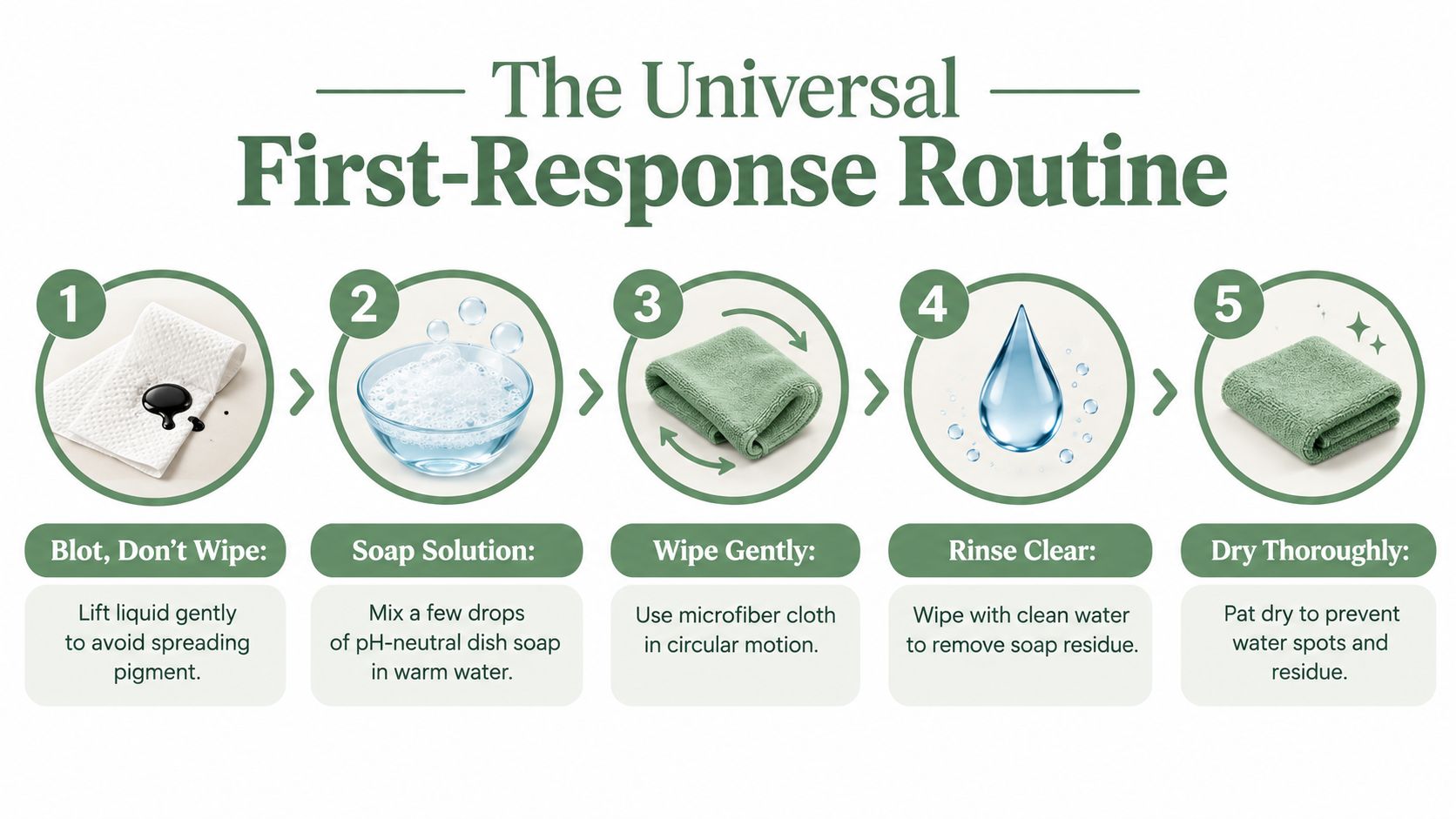 A five-step instructional guide on the universal first-response routine for cleaning countertop stains effectively.