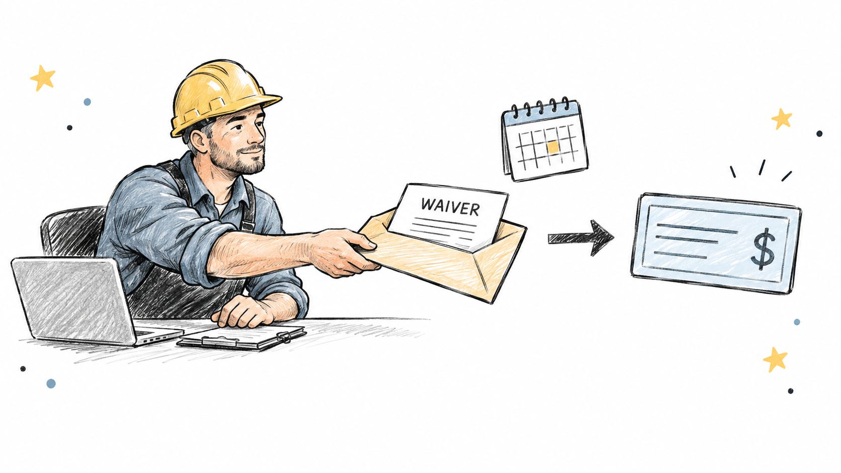 Un trabajador de construcción sentado ante un ordenador ofrece un formulario de renuncia a cambio de un pago