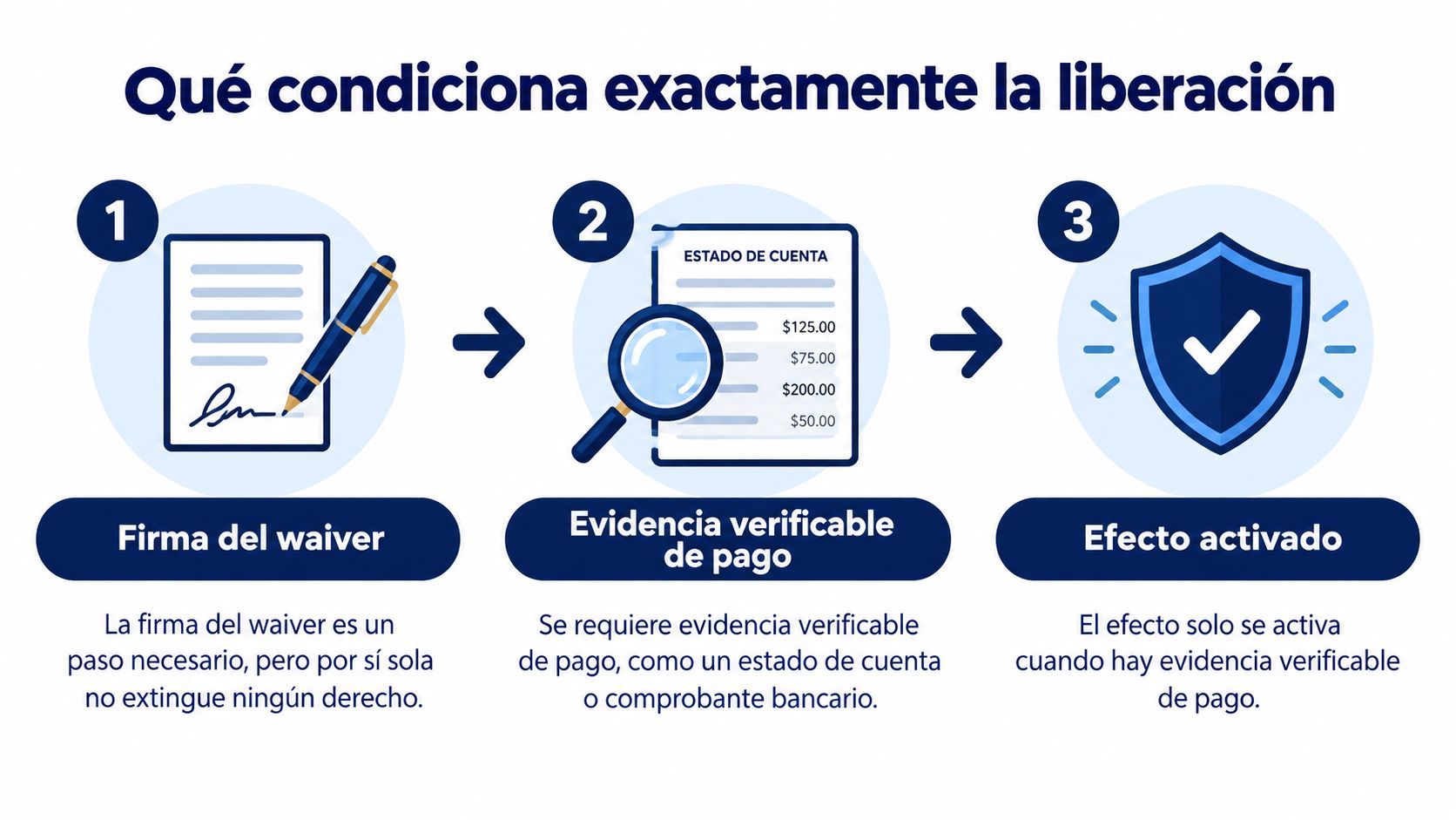 Diagrama de tres pasos que explica los requisitos necesarios para la liberación de pagos y obligaciones contractuales.
