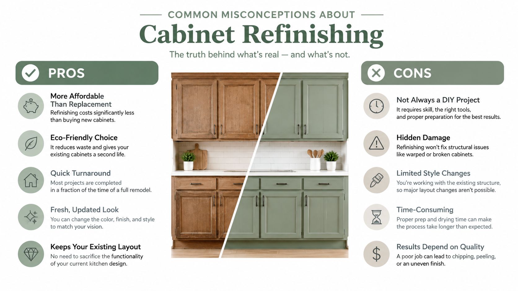 An infographic titled Common Misconceptions About Cabinet Refinishing, highlighting the pros and cons of refinishing kitchen cabinets.