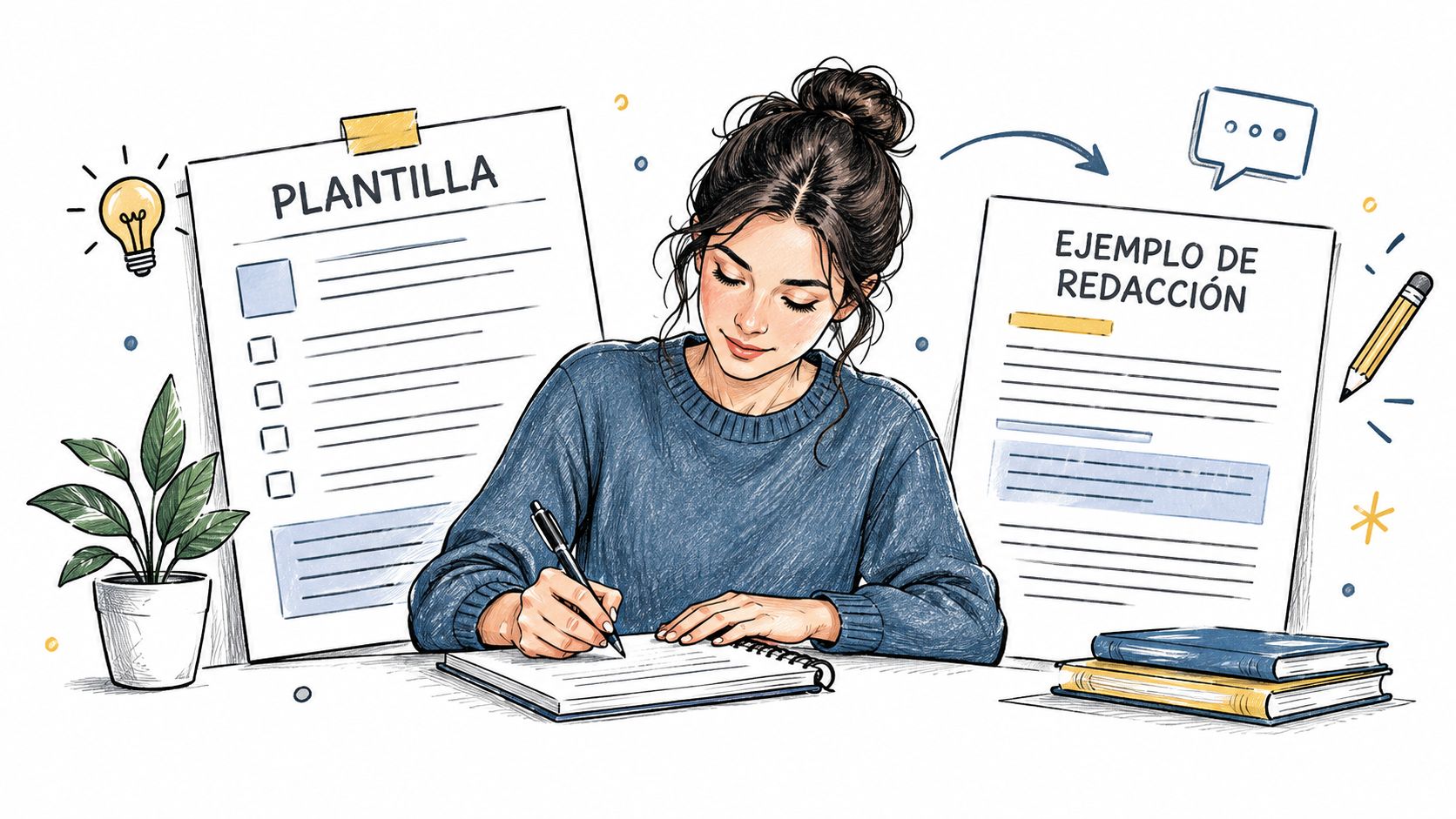 Una mujer joven escribiendo cuidadosamente en un cuaderno junto a una plantilla y un ejemplo de redacción.