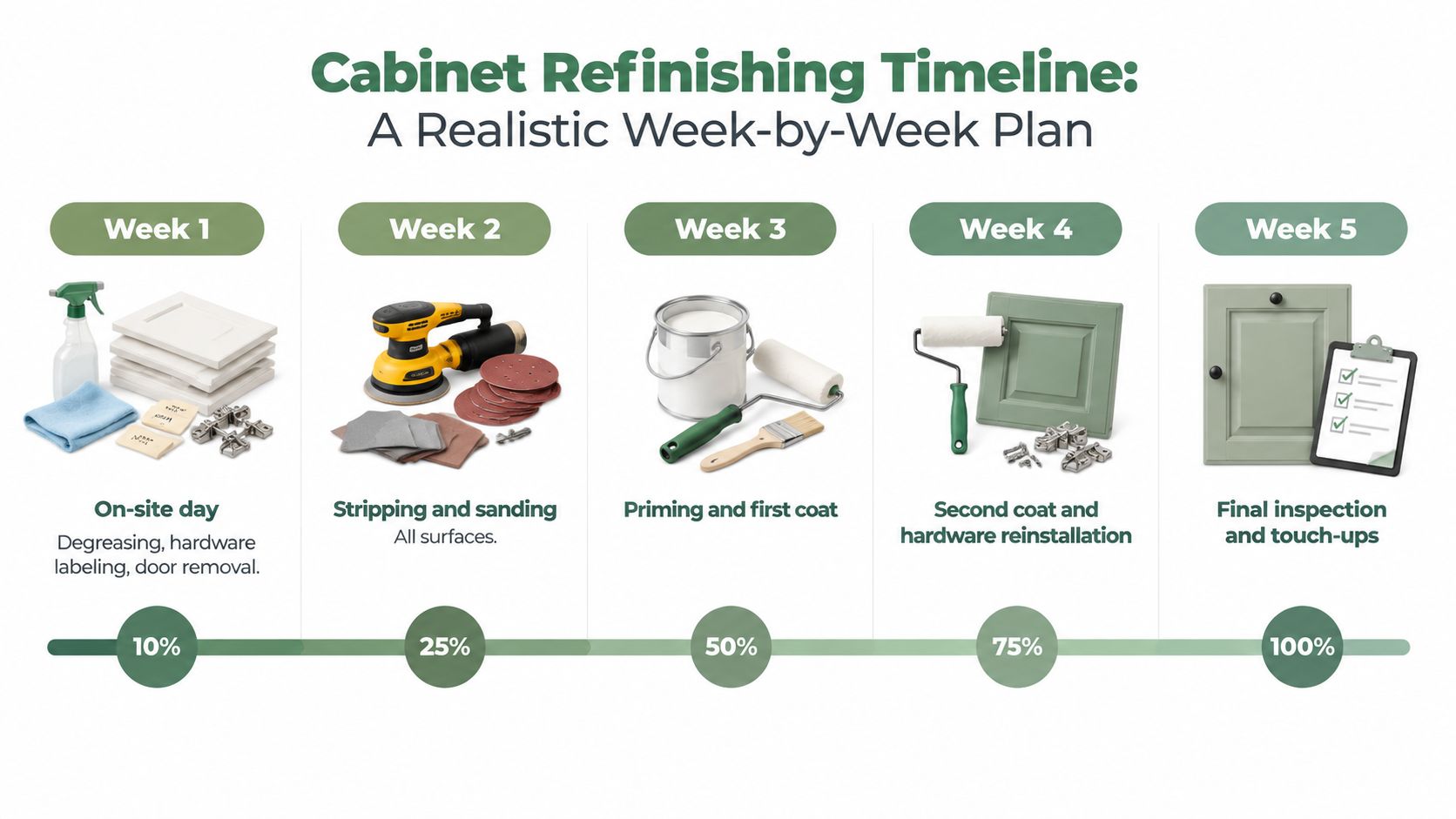 A five-week step-by-step cabinet refinishing timeline infographic illustrating the process from initial preparation to final inspection.