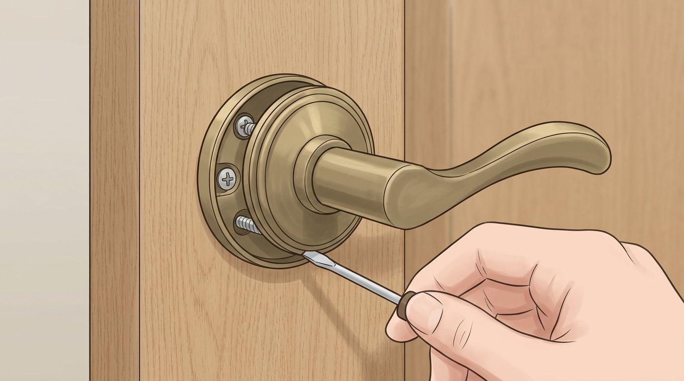 A hand using a screwdriver to pry open the decorative cover plate of a door handle.