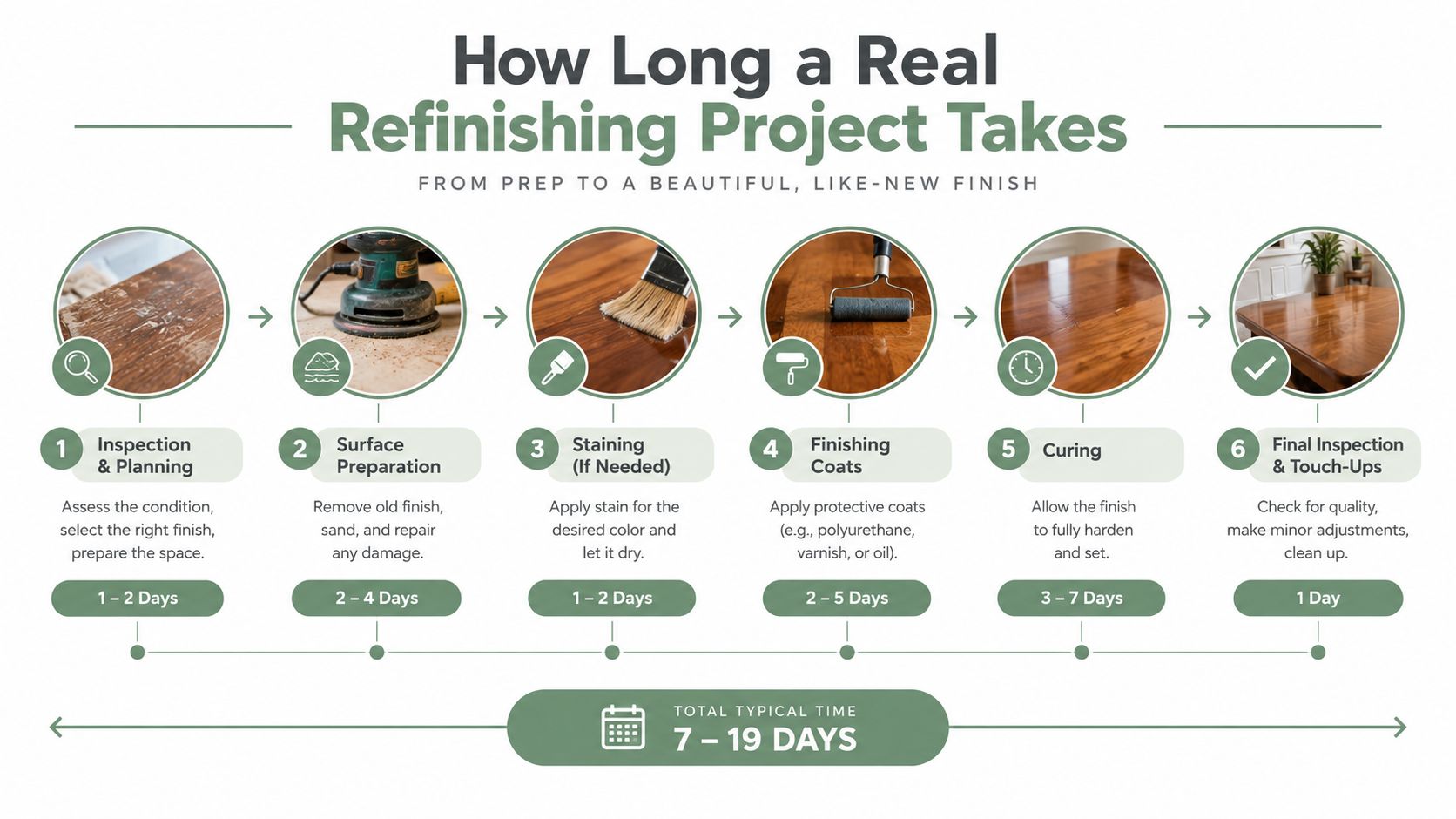 An infographic showing the six steps of a furniture refinishing project with estimated timeframes for each stage.