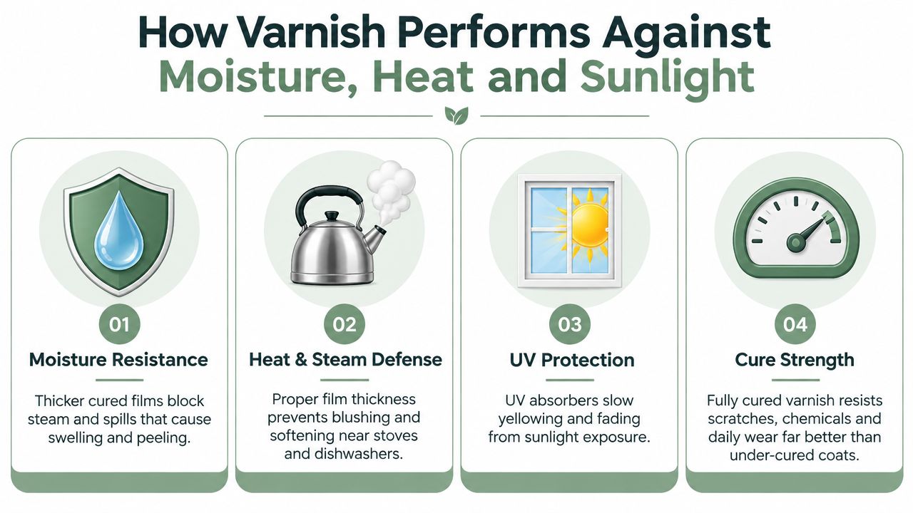 An infographic showing four benefits of varnish protection, including moisture, heat, UV, and cure strength.