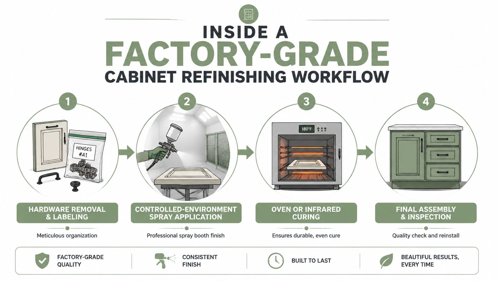 An infographic detailing the four steps of a professional factory-grade cabinet refinishing workflow process.