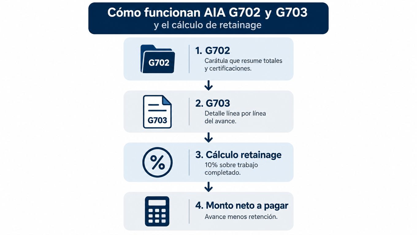 Diagrama de flujo explicando cómo funcionan los formularios AIA G702 y G703 junto con el cálculo de retención.