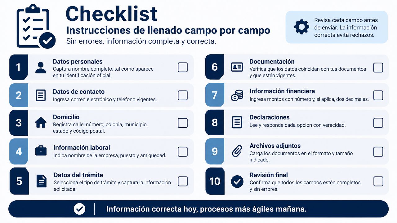 Lista de verificación numerada del uno al diez para el llenado correcto de formularios y documentos oficiales.