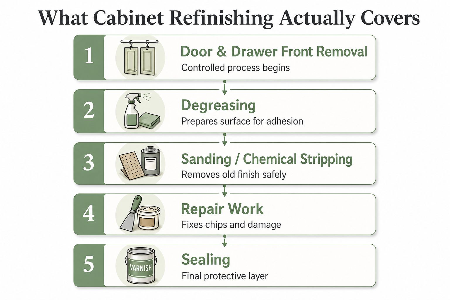A step-by-step infographic showing the five stages of cabinet refinishing, including removal, degreasing, sanding, repairs, and sealing.