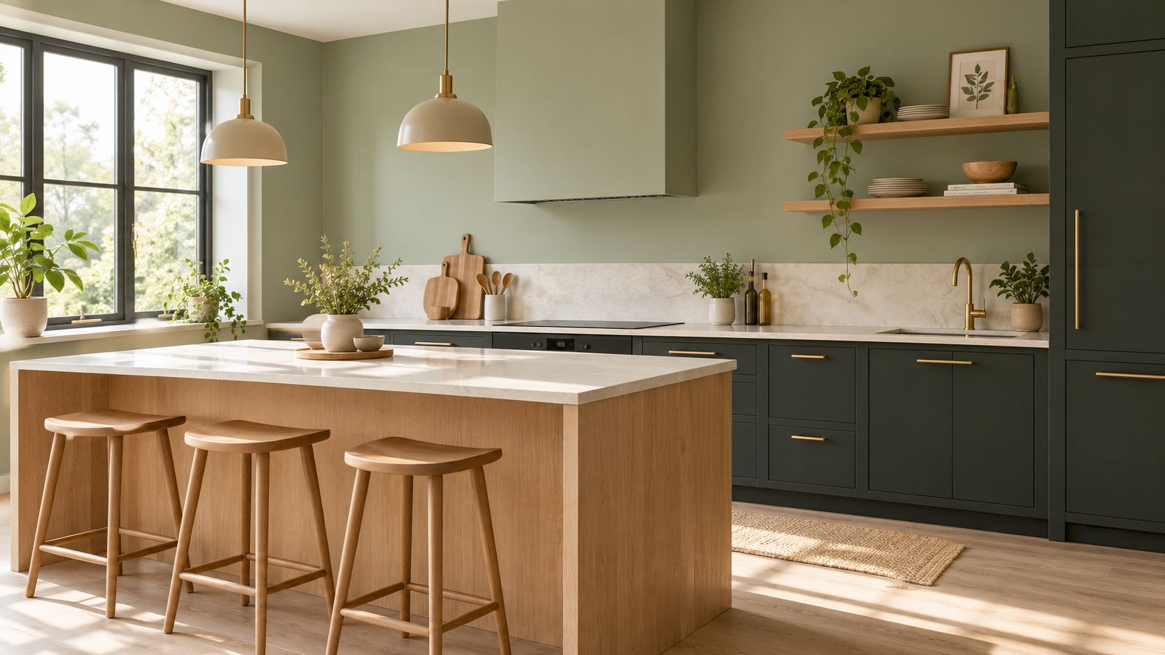 A modern kitchen with sage green walls, dark cabinetry, and a light wood island with bar stools.