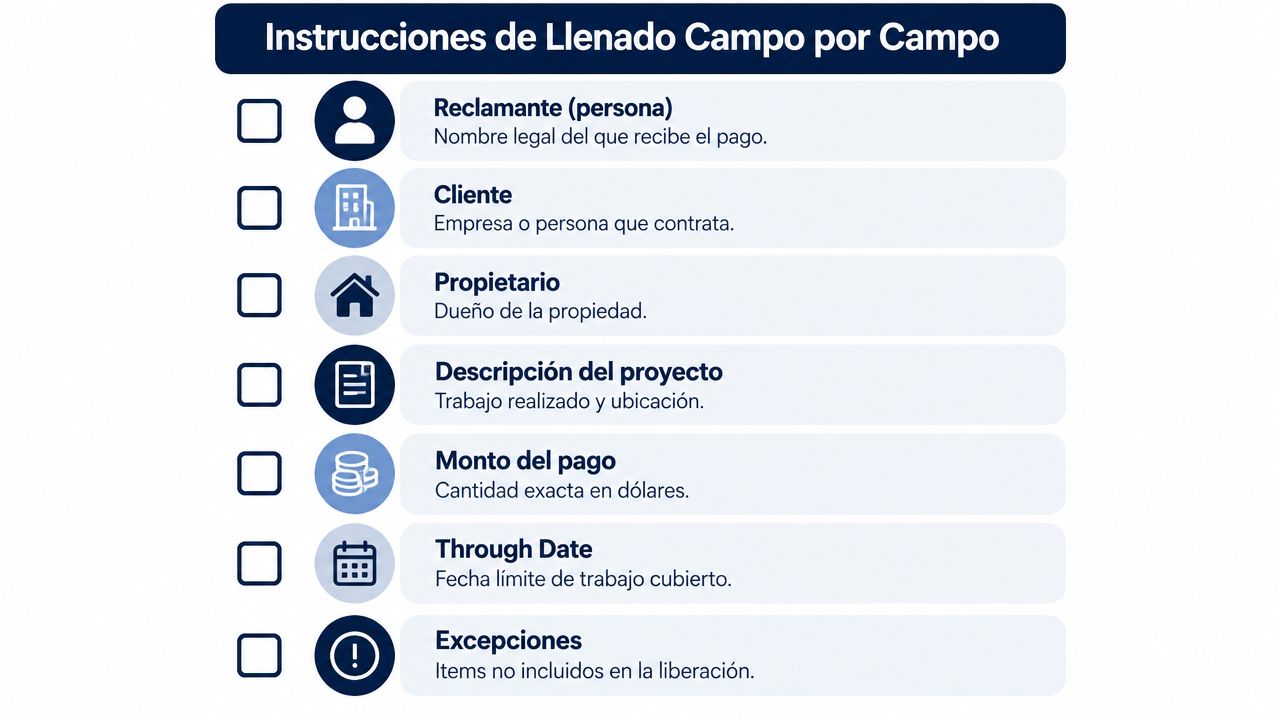 Instrucciones paso a paso para completar correctamente los campos de un formulario de liberación de gravamen.