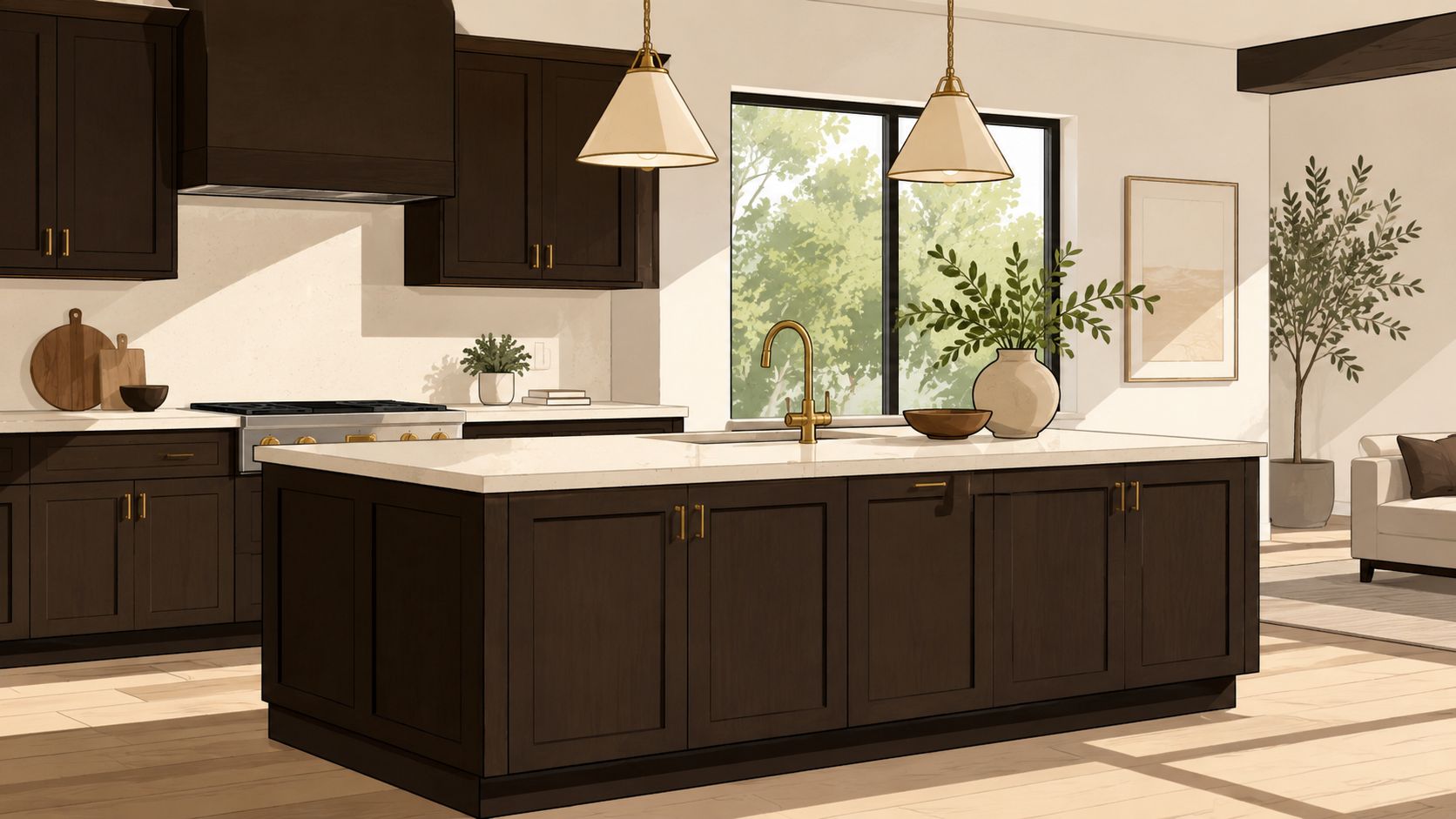 A luxurious kitchen with dark espresso stained cabinets, a marble island countertop, and gold hardware accents.
