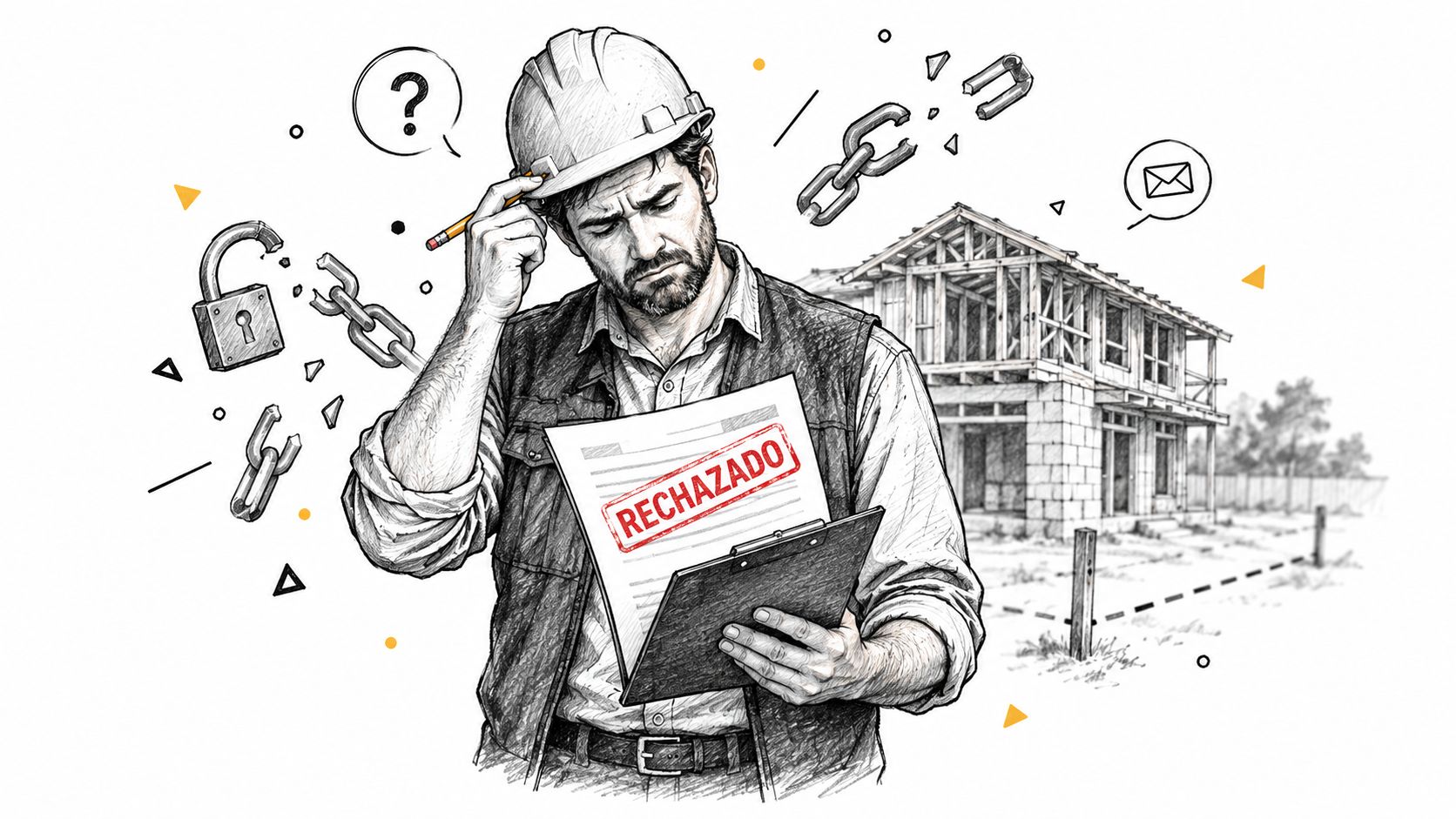 Un inspector de construcción preocupado sostiene un documento oficial rechazado frente a una obra en desarrollo.