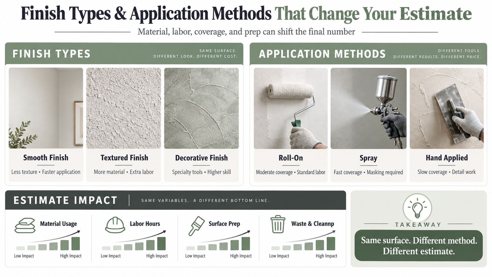 An infographic detailing how finish types and application methods impact the cost of home improvement projects.