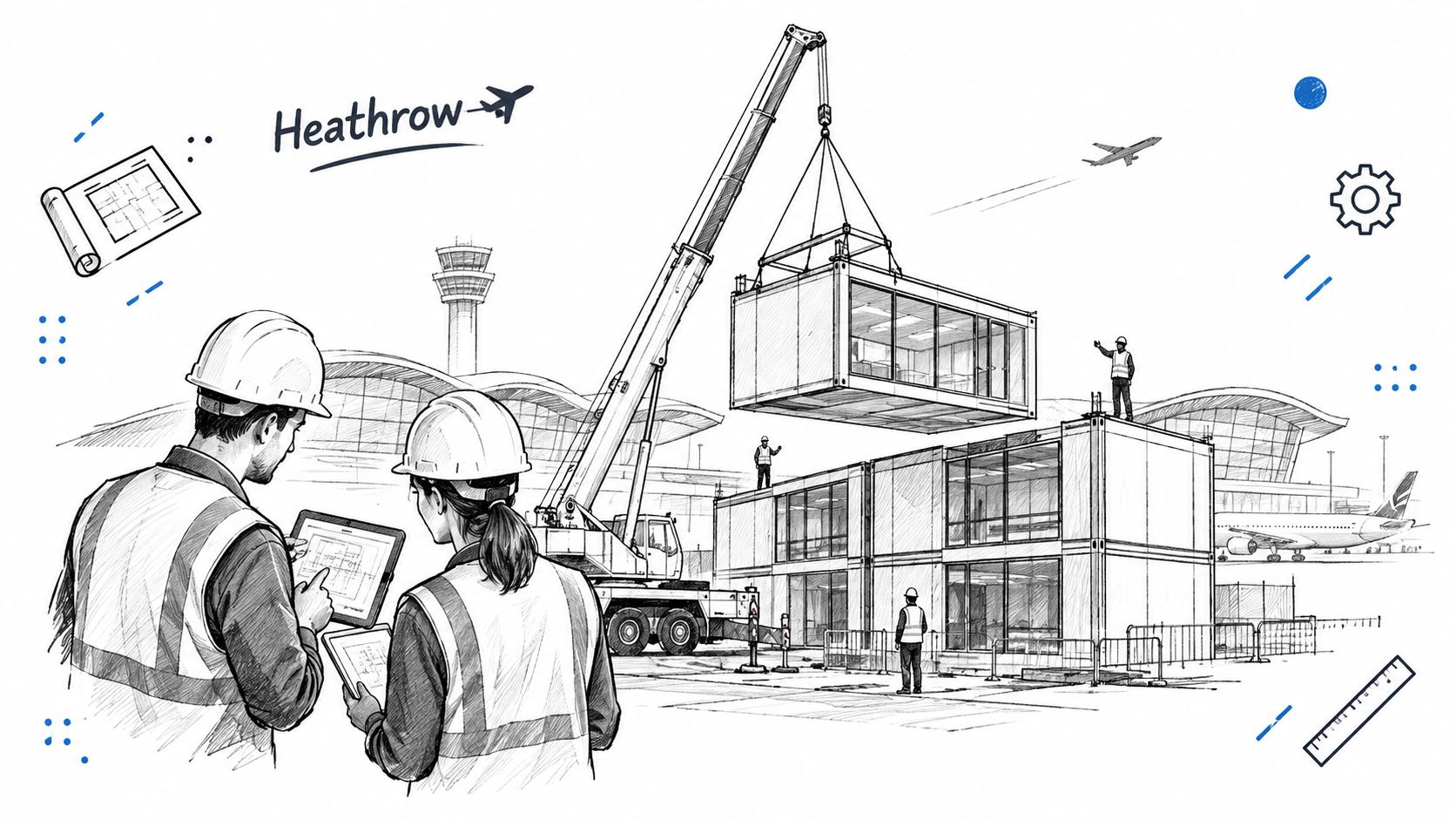 Trabajadores de la construcción en el aeropuerto de Heathrow analizando planos digitales para una obra modular.