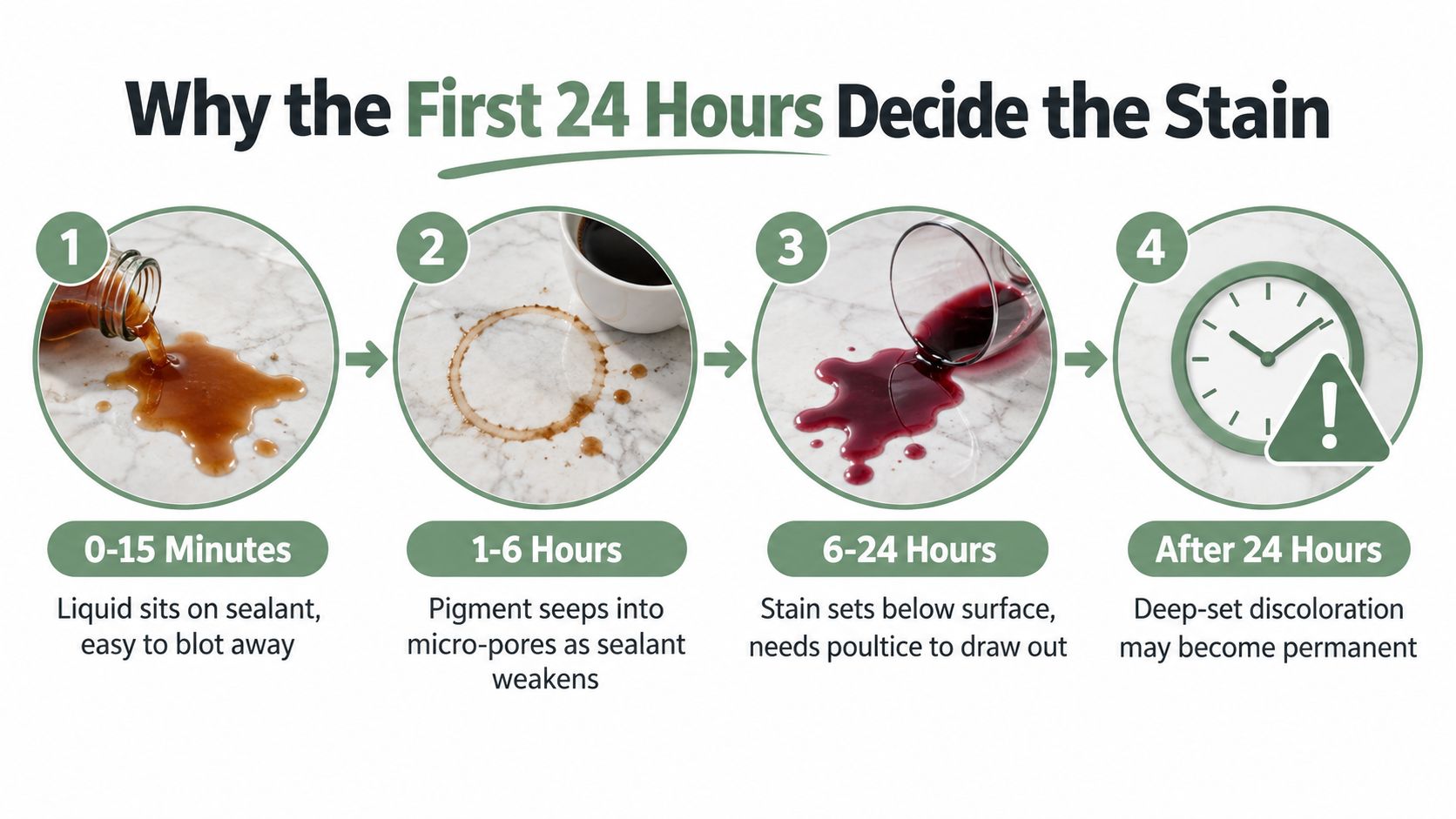 An infographic showing the four stages of a countertop stain forming over the first twenty-four hours.