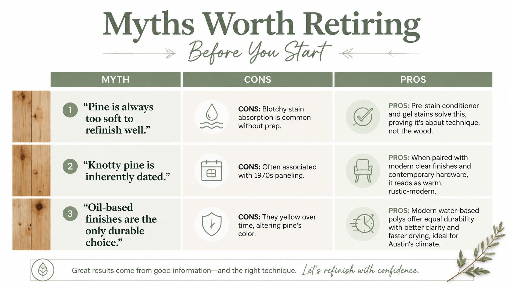 A chart debunking myths about refinishing pine wood with pros and cons for homeowners.