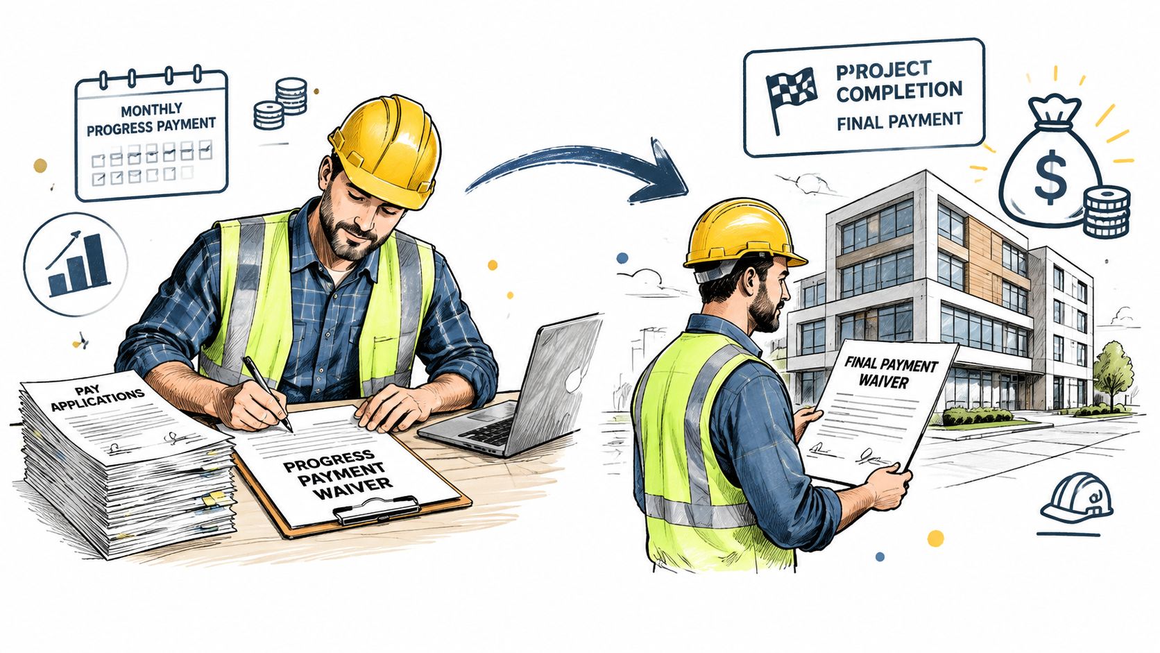 Ingeniero de construcción firmando documentos de exención de pago progresivo y final durante el desarrollo de proyectos.