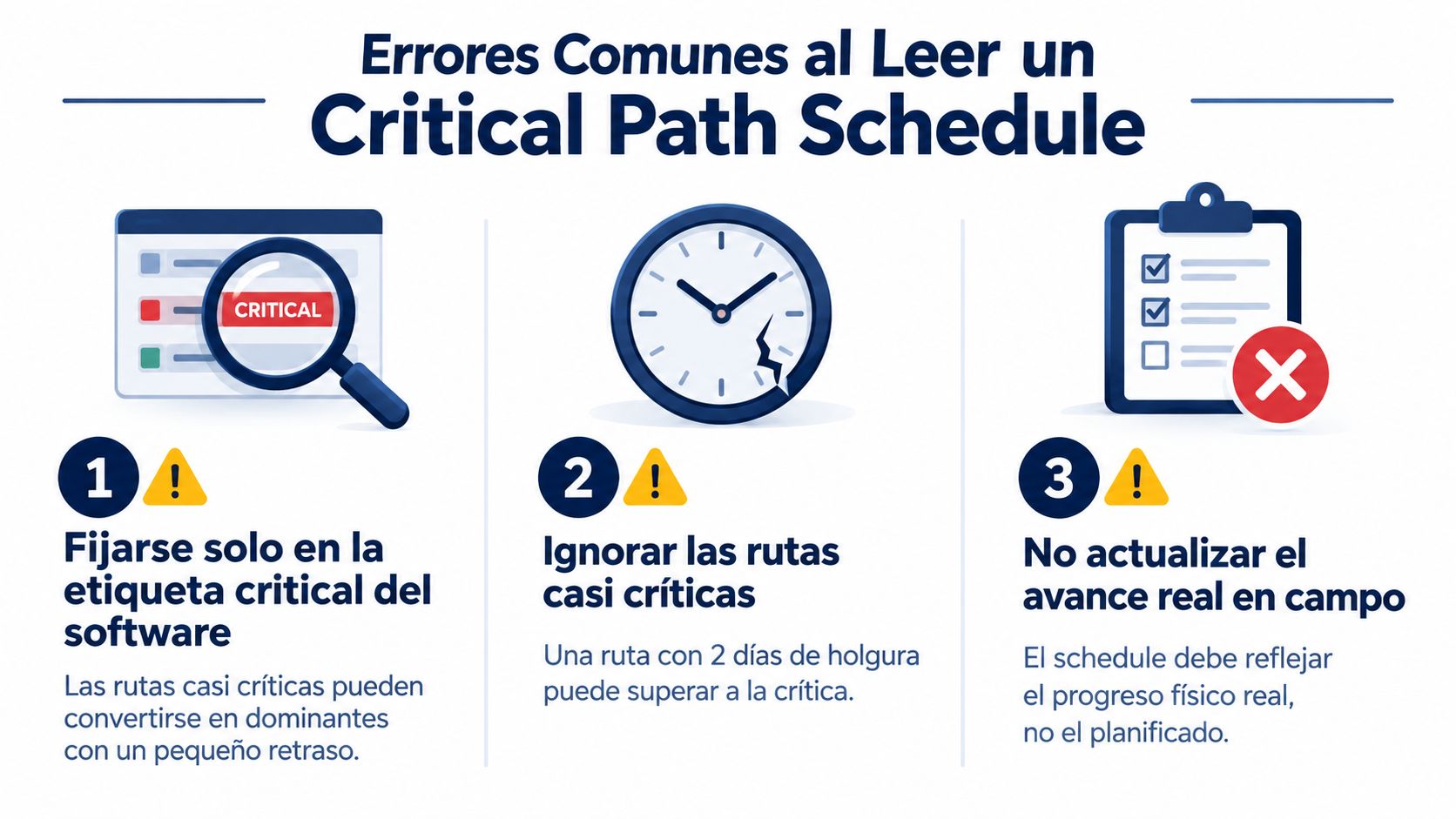 Infografía mostrando tres errores comunes al interpretar cronogramas de ruta crítica en gestión de proyectos.