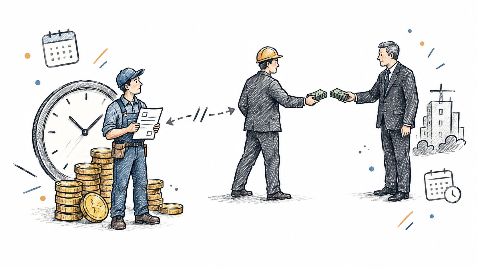 Una ilustración sobre un acuerdo de subcontratación mostrando a un trabajador frente a hombres de negocios intercambiando dinero.
