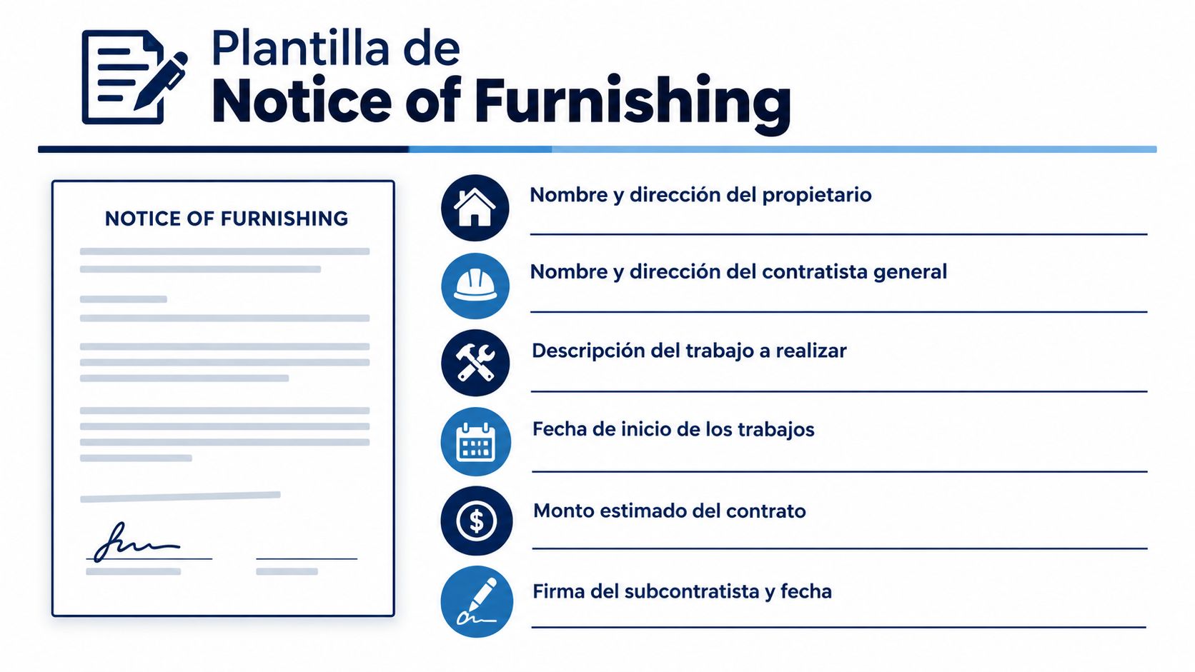 Plantilla informativa titulada Notice of Furnishing que detalla los elementos necesarios para un documento legal de construcción.