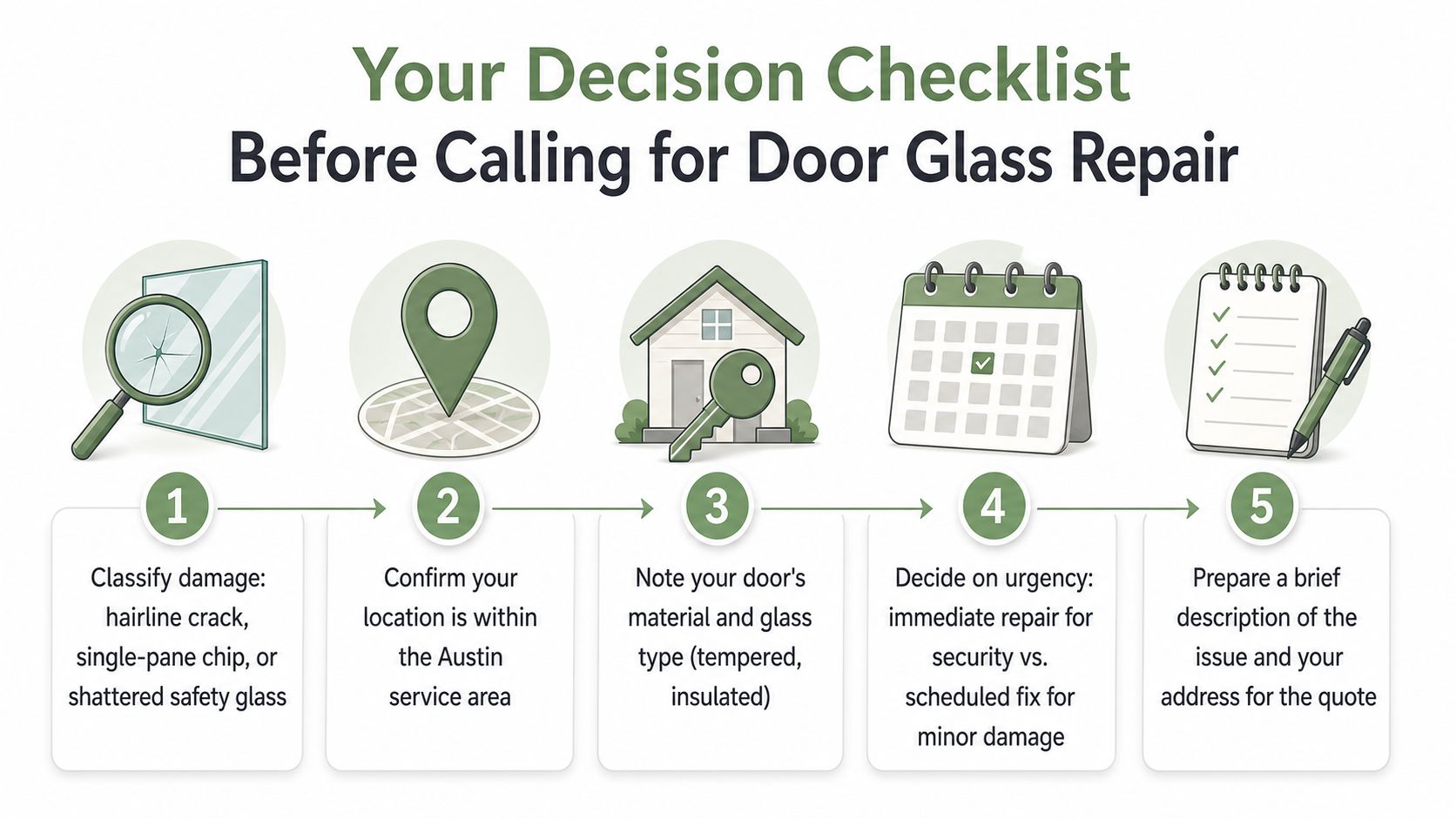 A five-step decision checklist illustrated with icons for homeowners preparing to call for door glass repair services.