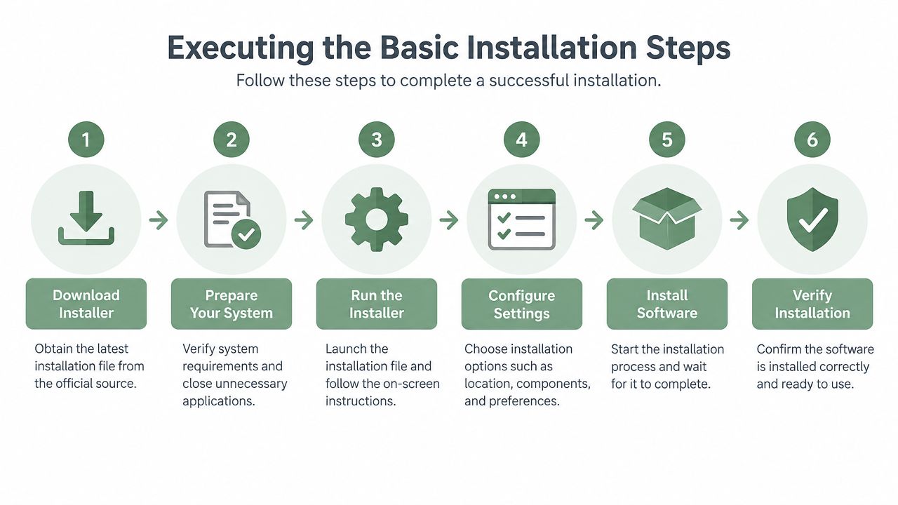 A six-step infographic illustrating the basic process of downloading and installing software on a computer.