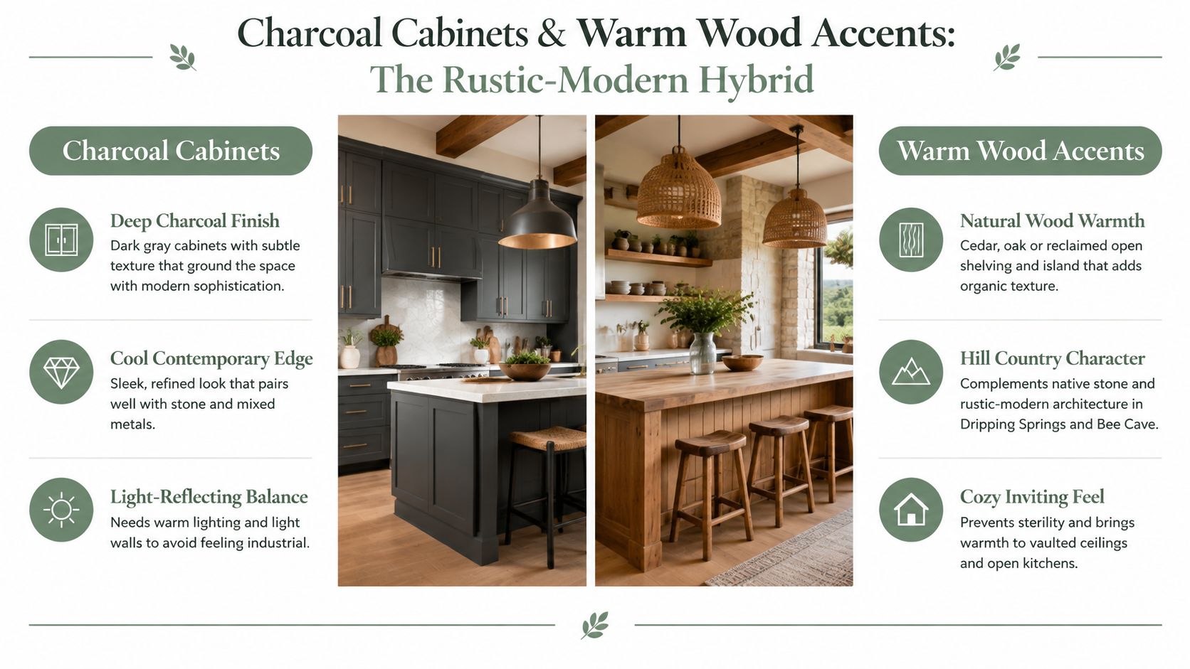 A design infographic showcasing a rustic-modern kitchen with charcoal cabinets and warm wood accents for interior inspiration.