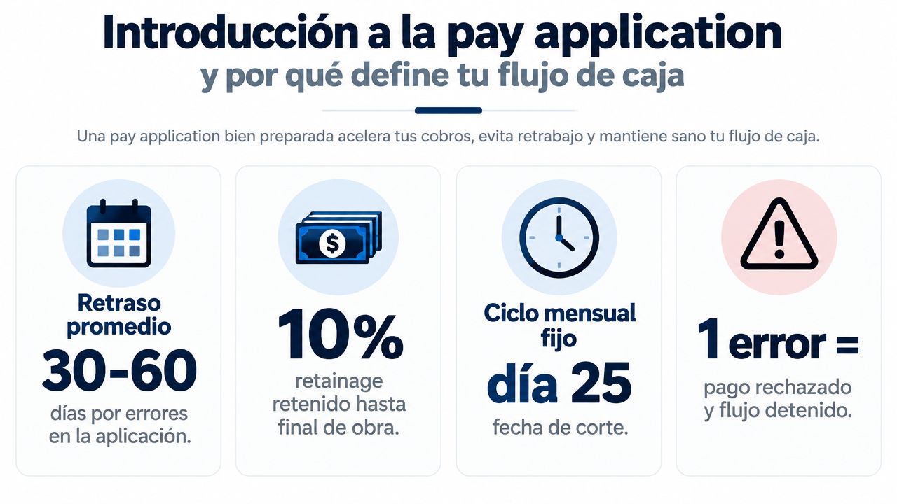 Gráfico explicativo sobre cómo las solicitudes de pago correctas optimizan el flujo de caja en proyectos construcción.