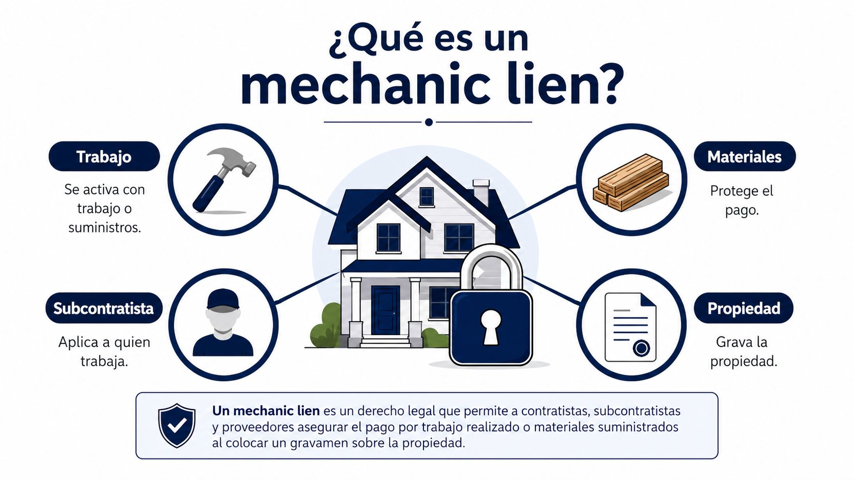 Infografía educativa que explica el concepto legal de un mechanic lien sobre una propiedad residencial.