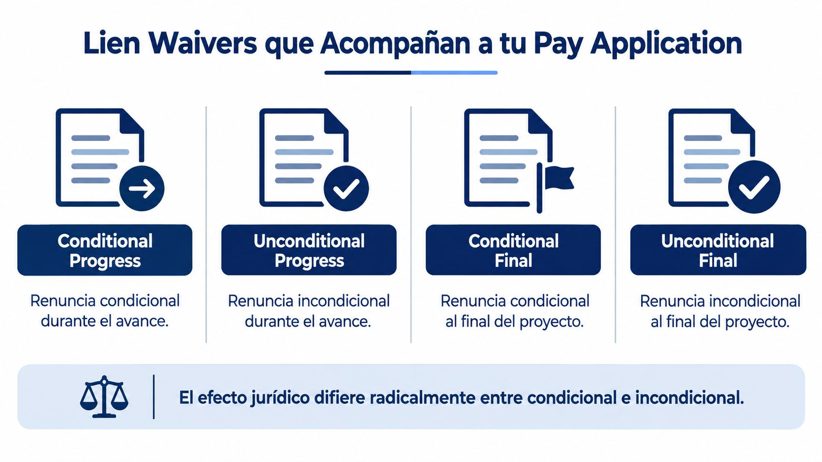 Infografía sobre los cuatro tipos de renuncias de gravamen que acompañan a una solicitud de pago.