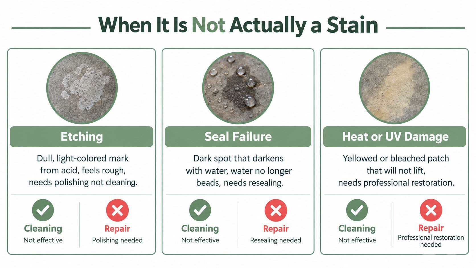An infographic displaying three types of surface damage that are not stains: etching, seal failure, and heat damage.