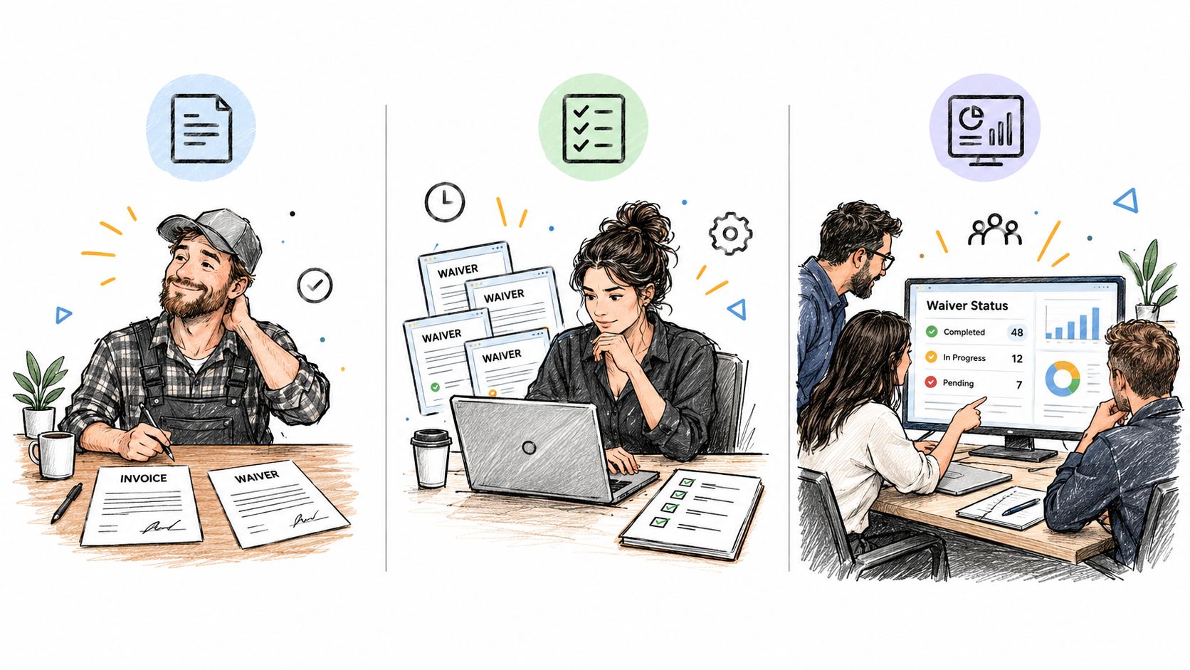 Una ilustración que muestra el proceso digital de gestión de exenciones de responsabilidad para negocios y clientes.