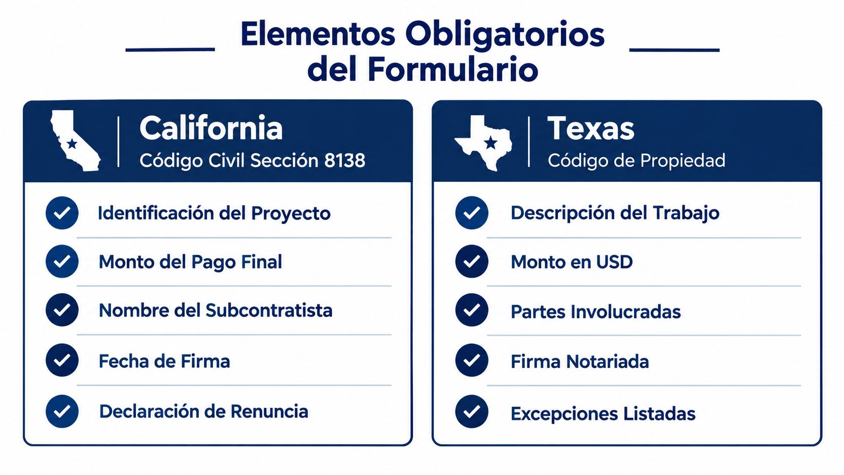 Comparativa gráfica de los elementos obligatorios para formularios de exención de pago en California y Texas.