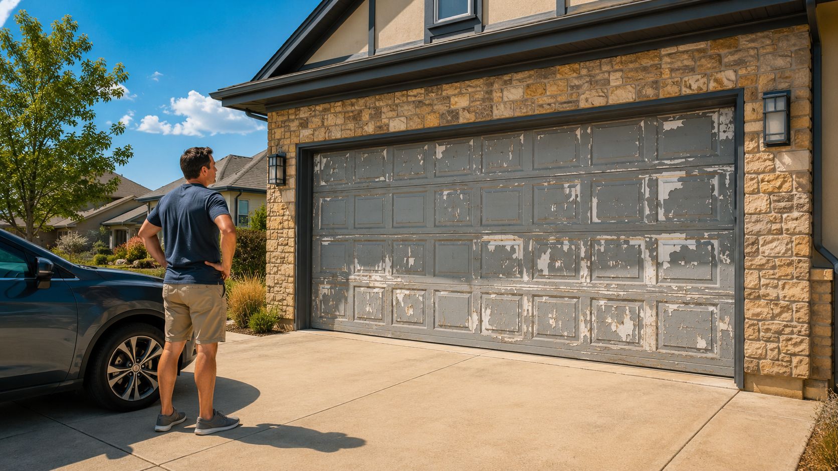 A man standing in his driveway looking at a weathered garage door in need of painting.