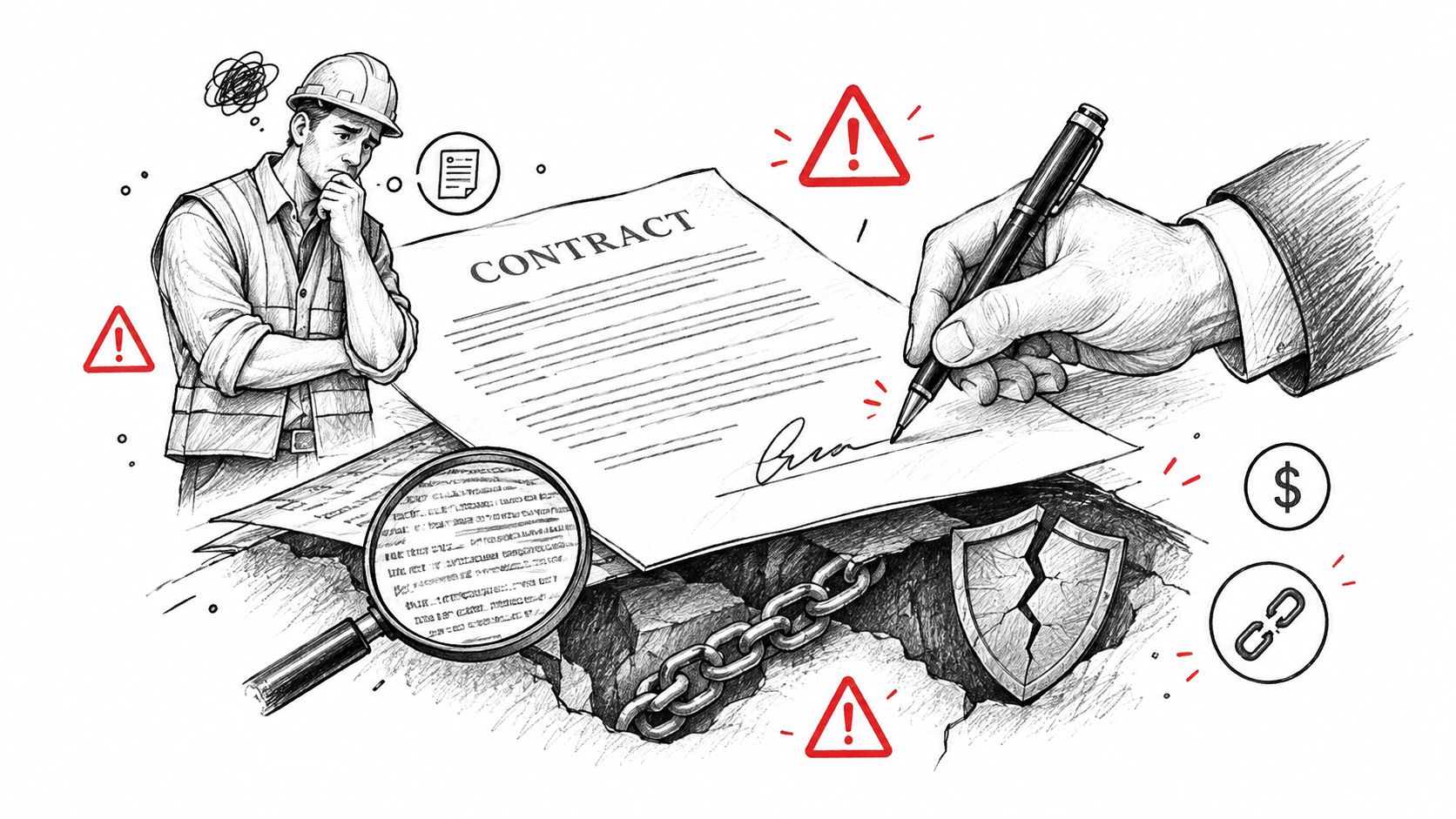 Un trabajador de la construcción contempla un contrato legal con advertencias de riesgos y problemas financieros ocultos.