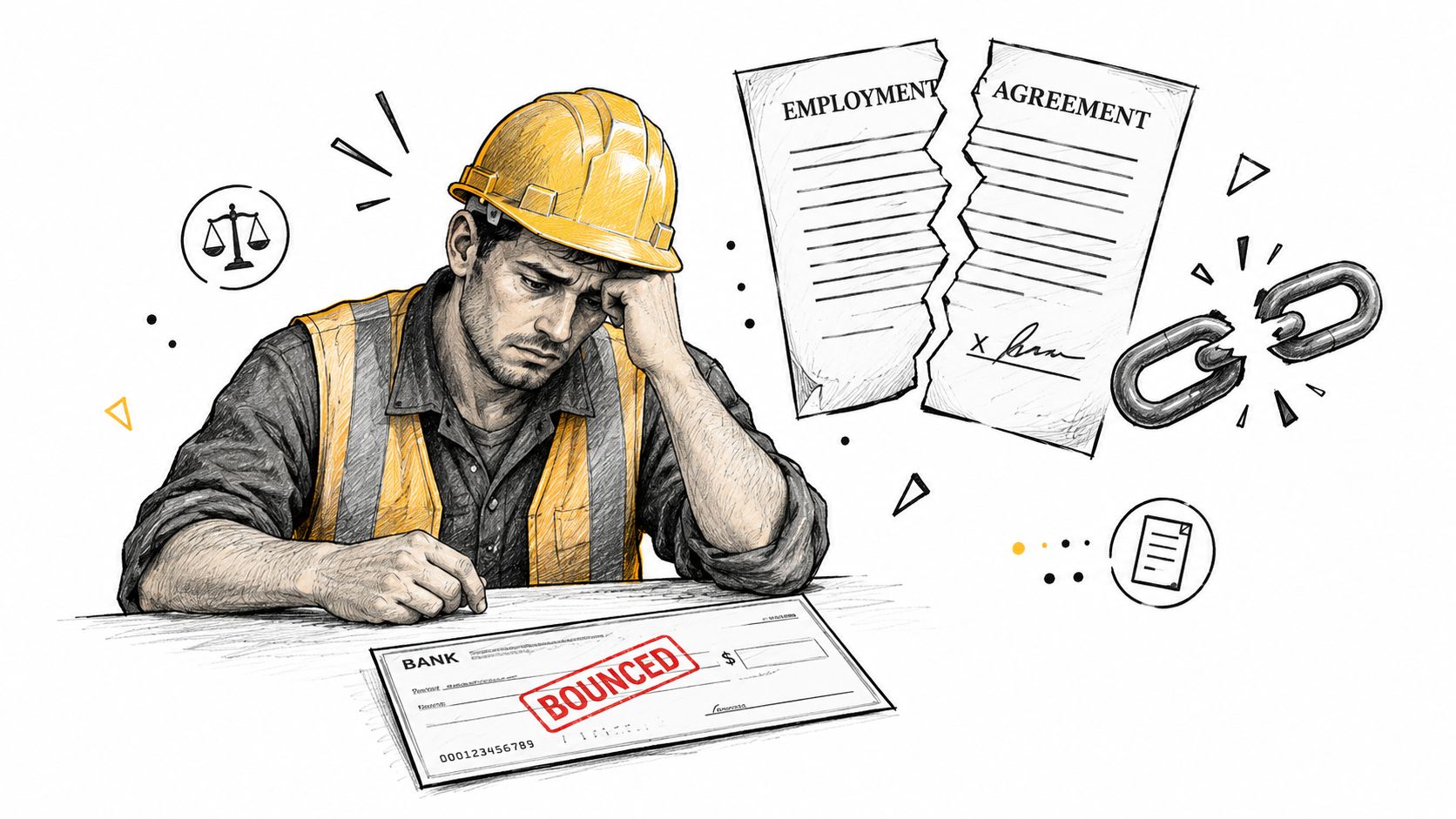 Trabajador de la construcción preocupado mirando un cheque rebotado y un contrato de trabajo roto recientemente.