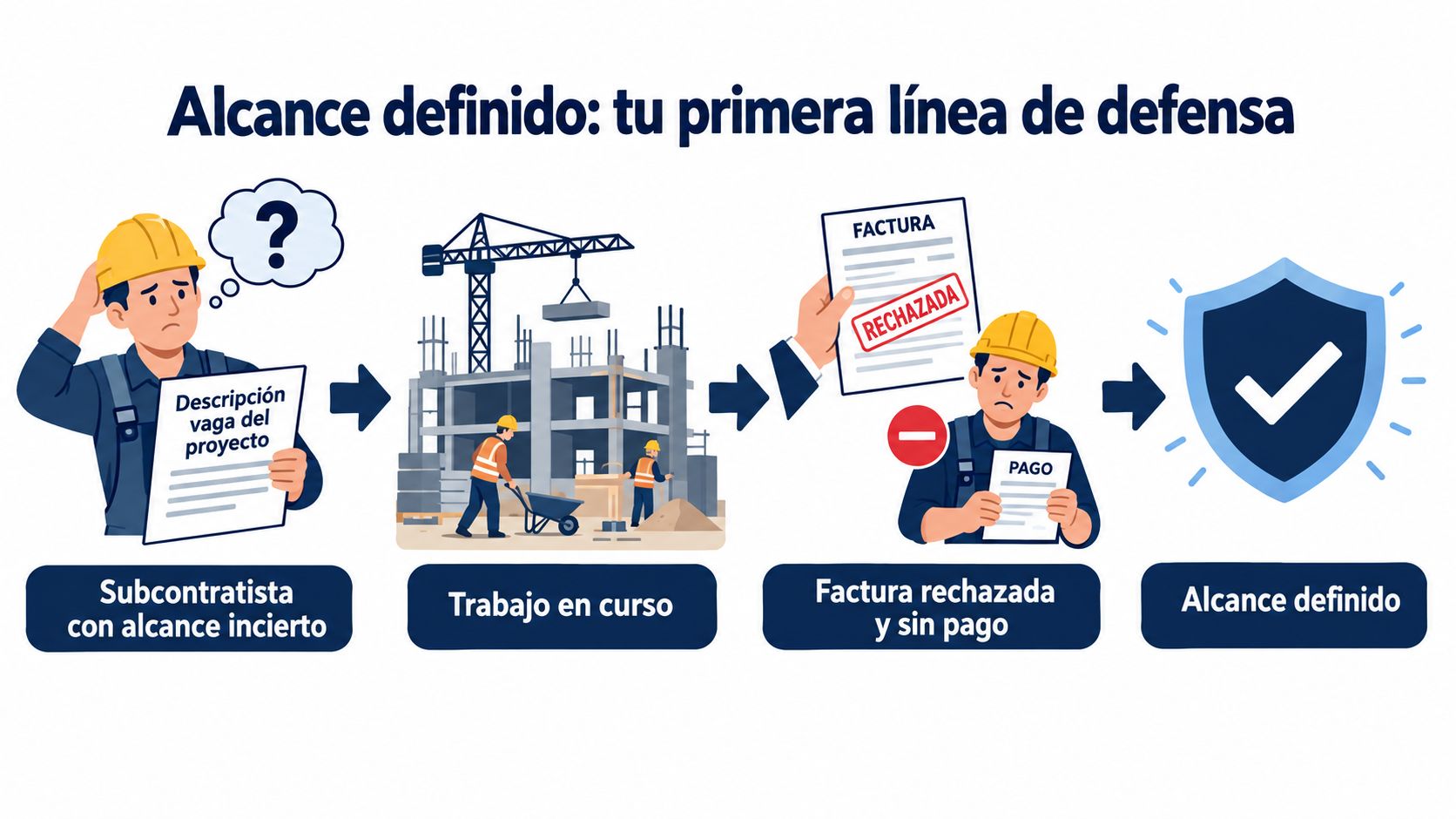 Infografía sobre la importancia de un alcance de trabajo bien definido en proyectos de construcción para evitar impagos.